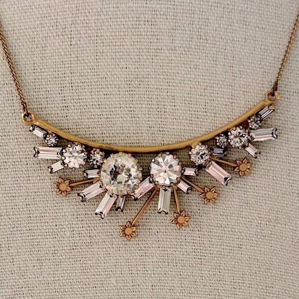 Gold-tone Starburst Necklace with Crystal Clear Round and Baguette Cryst…